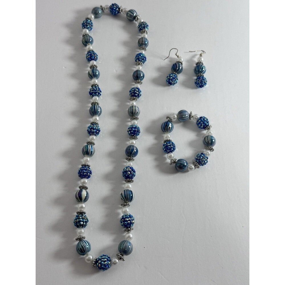 Blue White Beaded Jewelry Set Necklace Bracelet Earrings Rhinestone Disco Ball